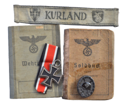 Germany, Heer. A Set Kurland Cuff Title, Iron Cross Second Class, Wound Badge With Recipient Soldbuch and Wehrpass