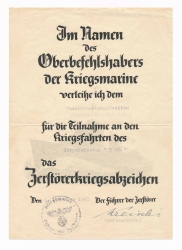 A 1943 War Badge Award Document to Mascinenobrgefreiten Johannes Gränitz of the Destroyer Torpedobootes 