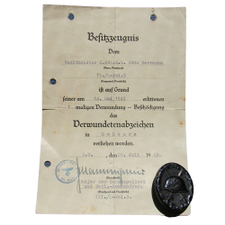 SS Police Division paper award with wound badge black.