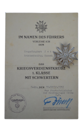 A War Merit Cross First Class with Swords and Paper Award signed Generalfeldmarschall Ernst Busch.