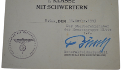 A War Merit Cross First Class with Swords and Paper Award signed Generalfeldmarschall Ernst Busch.