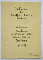 Germany, Third Reich. An Honour Cross Of The German Mother Award Document, Silver Grade Decoration.