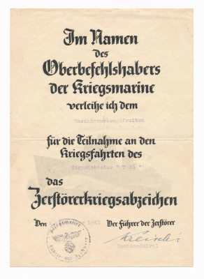 A 1943 War Badge Award Document to Mascinenobrgefreiten Johannes Gränitz of the Destroyer Torpedobootes 