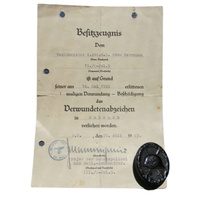 SS Police Division paper award with wound badge black.