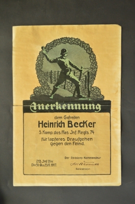 Unique diploma for soldier Heinrich Becker from 5.Komp.Res.Regts.74.