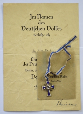 Germany, Third Reich. An Honour Cross Of The German Mother Award Document, Silver Grade Decoration.