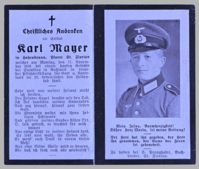 A 1941 Obituary (Death Card) To Soldier Wehrmacht Karl Mayer..