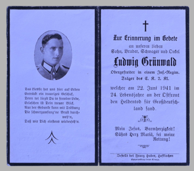 A 1941 Obituary (Death Card) to Obergefreiter Infantry Regiment Ludwig Grünwald.